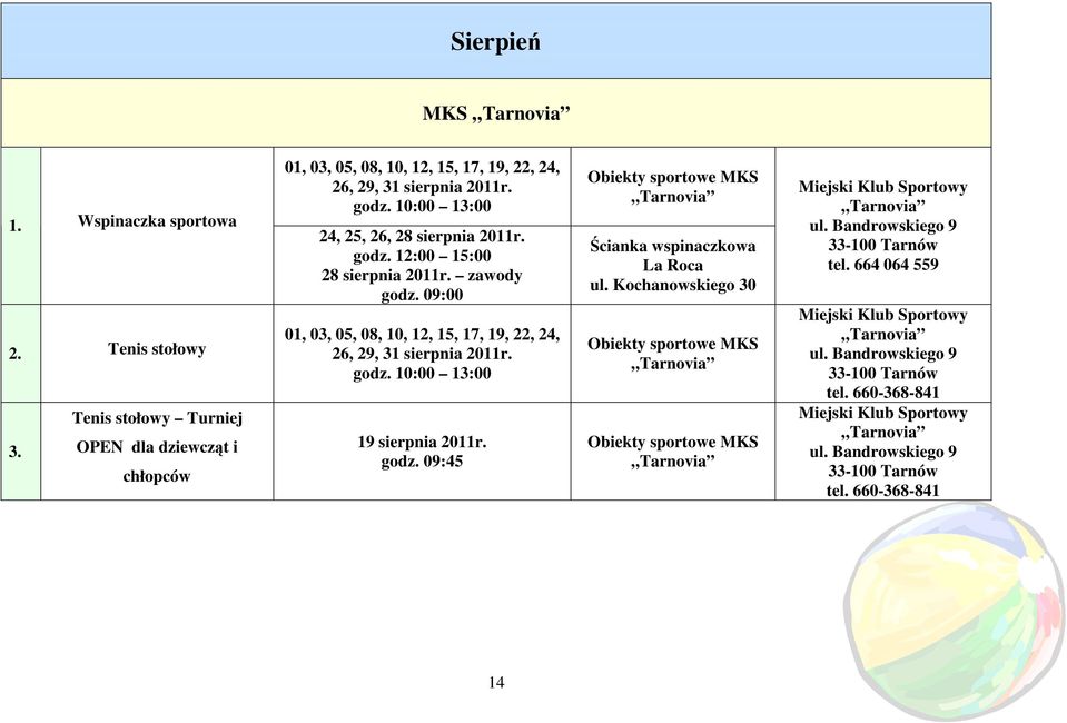 10:00 13:00 24, 25, 26, 28 sierpnia 2011r. godz. 12:00 15:00 28 sierpnia 2011r. zawody godz.