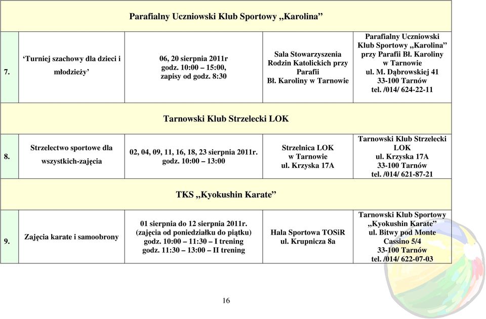 /014/ 624-22-11 Tarnowski Klub Strzelecki LOK 8. Strzelectwo sportowe dla wszystkich-zajęcia 02, 04, 09, 11, 16, 18, 23 sierpnia 2011r. godz. 10:00 13:00 Strzelnica LOK w Tarnowie ul.