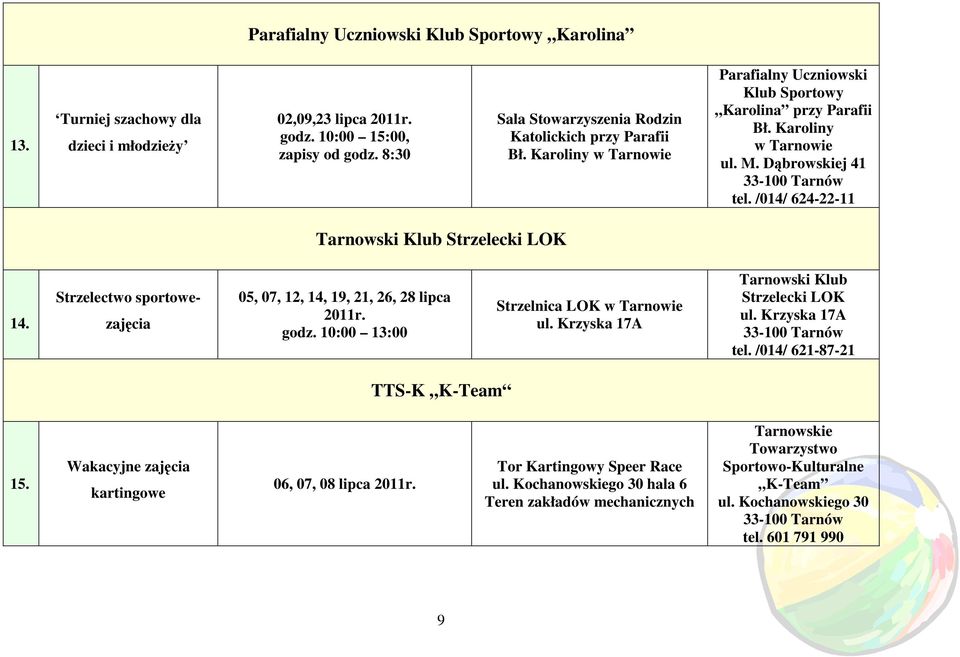 /014/ 624-22-11 Tarnowski Klub Strzelecki LOK 14. Strzelectwo sportowezajęcia 05, 07, 12, 14, 19, 21, 26, 28 lipca 2011r. godz. 10:00 13:00 Strzelnica LOK w Tarnowie ul.