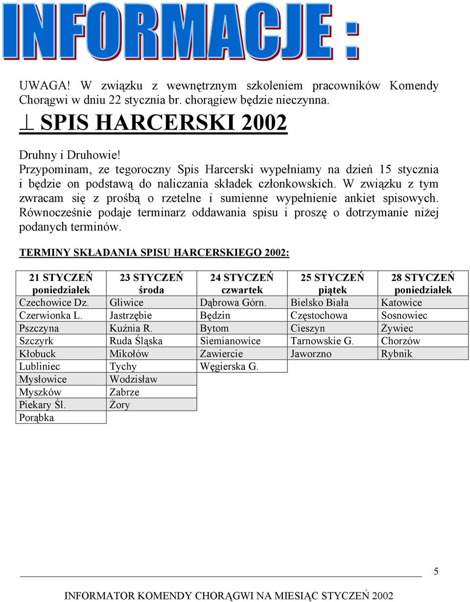 W związku z tym zwracam się z prośbą o rzetelne i sumienne wypełnienie ankiet spisowych. Równocześnie podaje terminarz oddawania spisu i proszę o dotrzymanie niżej podanych terminów.