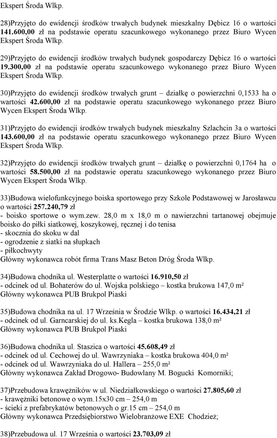 30)Przyjęto do ewidencji środków trwałych grunt działkę o powierzchni 0,1533 ha o wartości 42.600,00 zł na podstawie operatu szacunkowego wykonanego przez Biuro Wycen Ekspert Środa Wlkp.