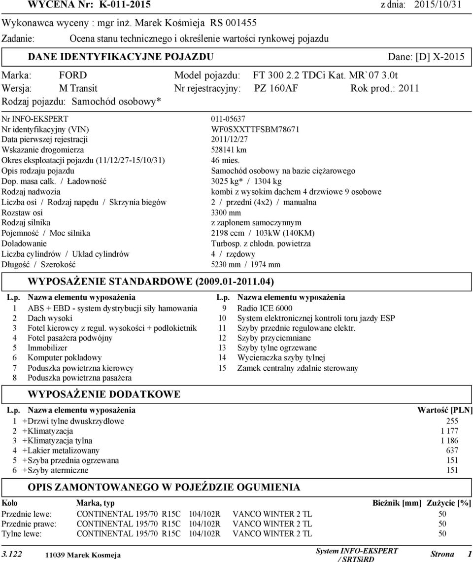 pierwszej rejestracji 2011/12/27 Wskazanie drogomierza 528141 km Okres eksploatacji pojazdu (11/12/27-15/10/31) 46 mies. Opis rodzaju pojazdu Samochód osobowy na bazie ciężarowego Dop. masa całk.