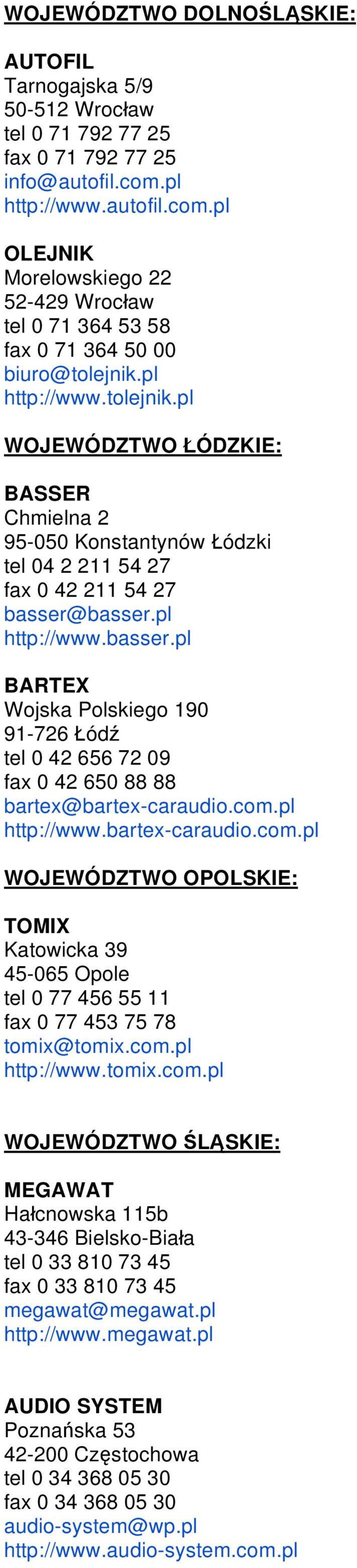 pl http://www.tolejnik.pl WOJEWÓDZTWO ÓDZKIE: BASSER Chmielna 2 95-050 Konstantynów ódzki tel 04 2 211 54 27 fax 0 42 211 54 27 basser@