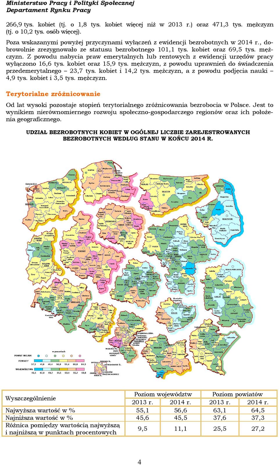 kobiet oraz 15,9 tys. mężczyzn, z powodu uprawnień do świadczenia przedemerytalnego 23,7 tys. kobiet i 14,2 tys. mężczyzn, a z powodu podjęcia nauki 4,9 tys. kobiet i 3,5 tys. mężczyzn. Terytorialne zróżnicowanie Od lat wysoki pozostaje stopień terytorialnego zróżnicowania bezrobocia w Polsce.