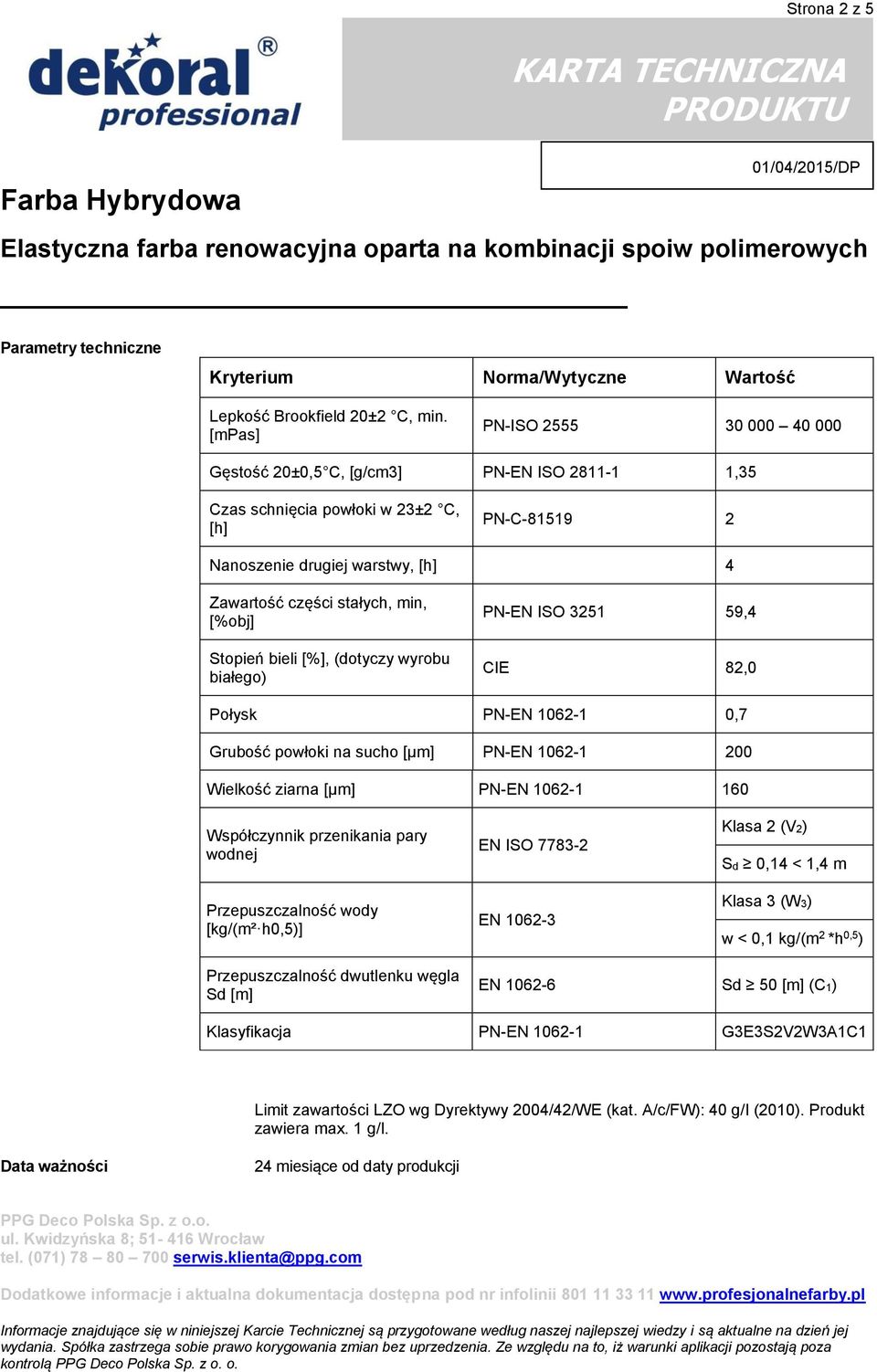 [%obj] Stopień bieli [%], (dotyczy wyrobu białego) PN-EN ISO 3251 59,4 CIE 82,0 Połysk PN-EN 1062-1 0,7 Grubość powłoki na sucho [μm] PN-EN 1062-1 200 Wielkość ziarna [μm] PN-EN 1062-1 160