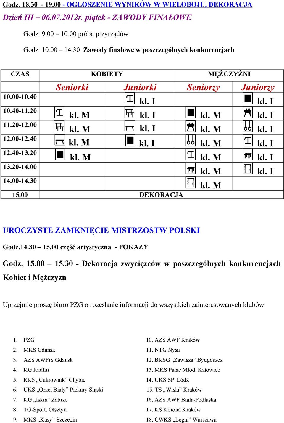 I kl. I kl. M kl. M kl. I kl. M kl. I 15.00 DEKORACJA kl. M UROCZYSTE ZAMKNIĘCIE MISTRZOSTW POLSKI Godz.14.30 15.00 część artystyczna - POKAZY Godz. 15.00 15.