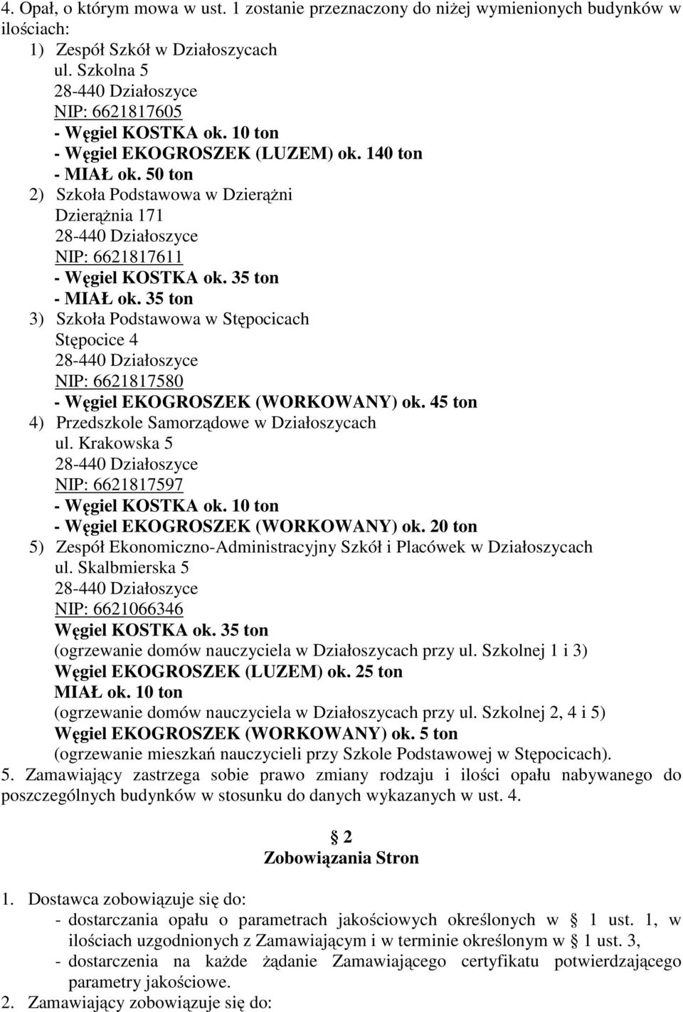 35 ton 3) Szkoła Podstawowa w Stępocicach Stępocice 4 NIP: 6621817580 - Węgiel EKOGROSZEK (WORKOWANY) ok. 45 ton 4) Przedszkole Samorządowe w Działoszycach ul.