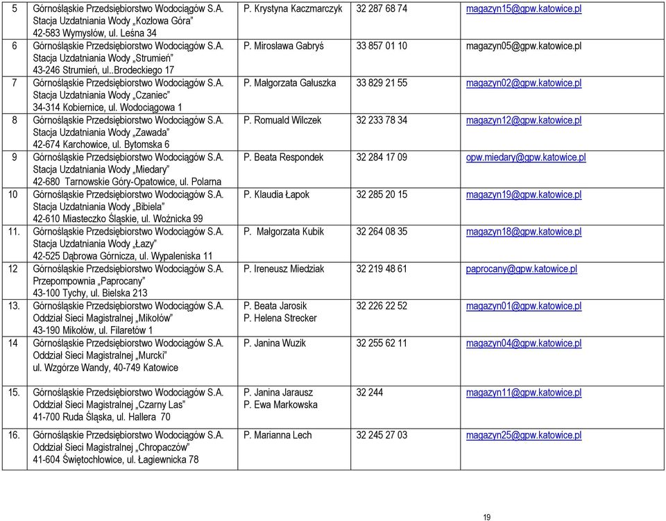 Bytomska 6 9 Górnośląskie Przedsiębiorstwo Wodociągów S.A. Stacja Uzdatniania Wody Miedary 42-680 Tarnowskie Góry-Opatowice, ul. Polarna 10 Górnośląskie Przedsiębiorstwo Wodociągów S.A. Stacja Uzdatniania Wody Bibiela 42-610 Miasteczko Śląskie, ul.