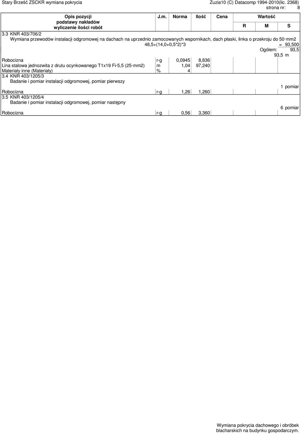 48,5+(14,0+0,5*2)*3 = 93,500 Ogółem: 93,5 93,5 m Robocizna r-g 0,0945 8,836 Lina stalowa jednozwita z drutu ocynkowanego T1x19 Fi 5,5 (25 mm2) m 1,04 97,240