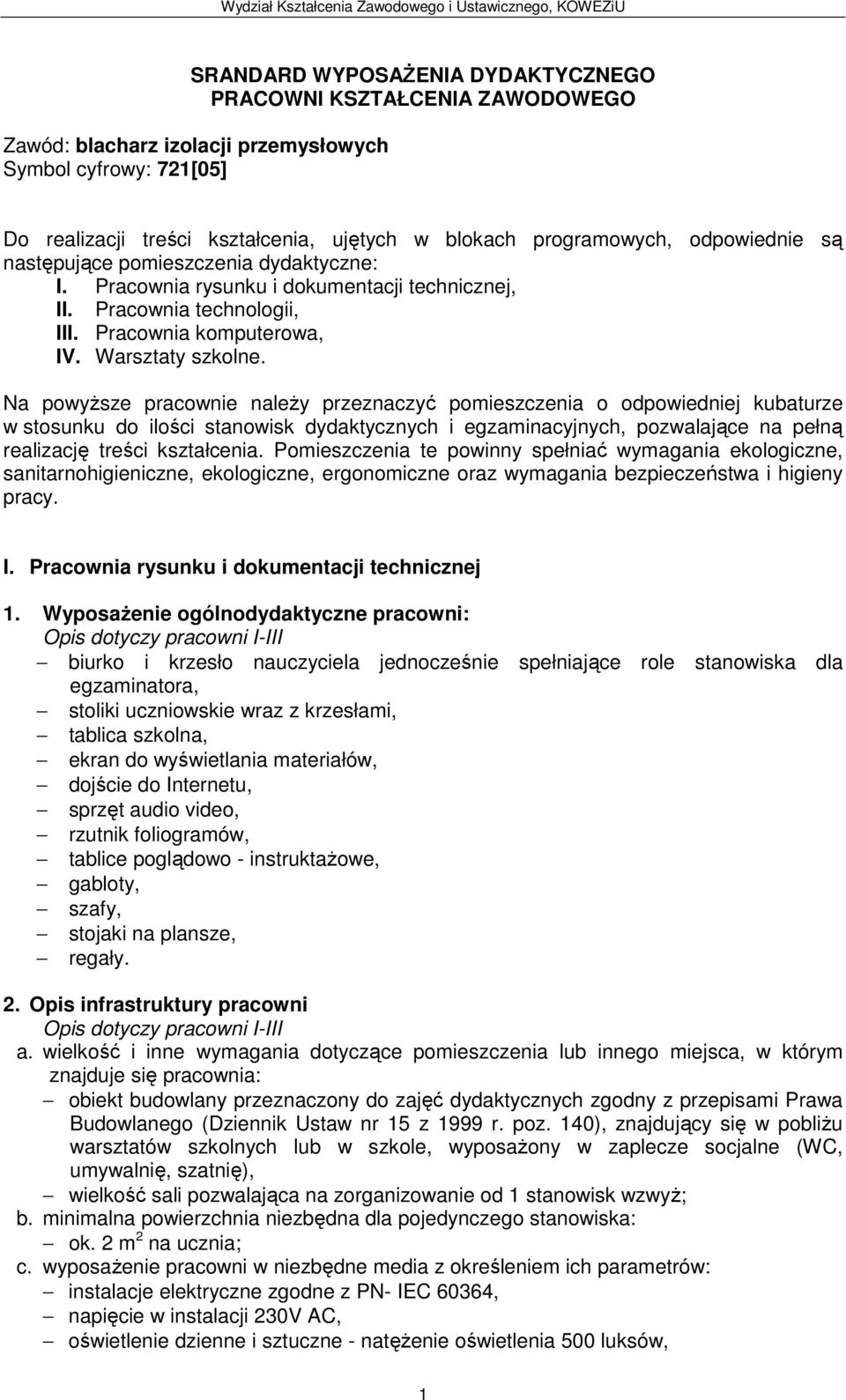 Na powyższe pracownie należy przeznaczyć pomieszczenia o odpowiedniej kubaturze w stosunku do ilości stanowisk dydaktycznych i egzaminacyjnych, pozwalające na pełną realizację treści kształcenia.