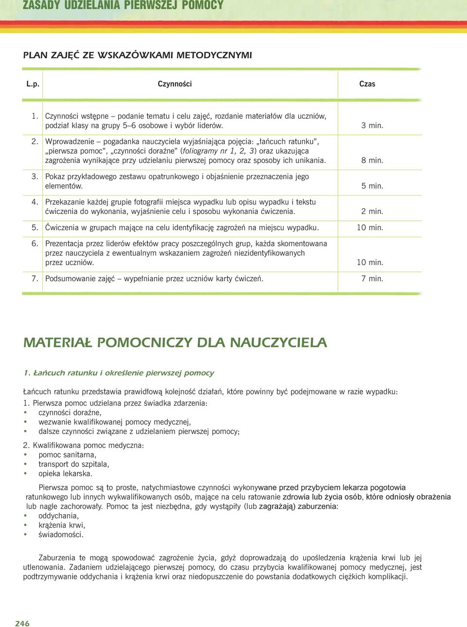 Wprowadzenie pogadanka nauczyciela wyjaœniaj¹ca pojêcia: ³añcuch ratunku, pierwsza pomoc, czynnoœci doraÿne (foliogramy nr 1, 2, 3) oraz ukazuj¹ca zagro enia wynikaj¹ce przy udzielaniu pierwszej