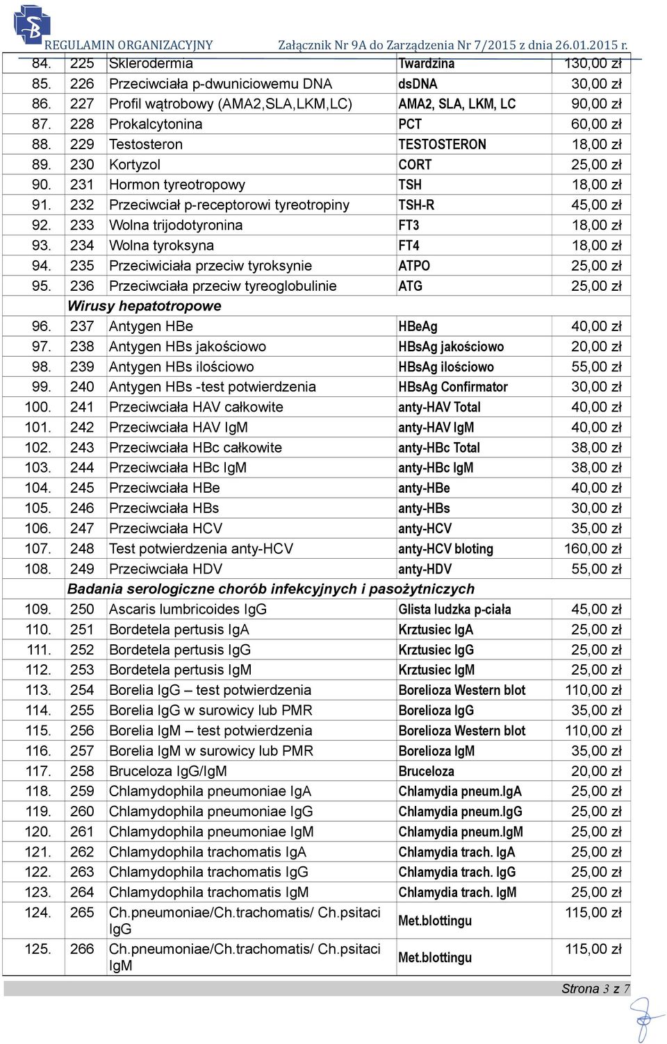 232 Przeciwciał p-receptorowi tyreotropiny TSH-R 45,00 zł 92. 233 Wolna trijodotyronina FT3 18,00 zł 93. 234 Wolna tyroksyna FT4 18,00 zł 94. 235 Przeciwiciała przeciw tyroksynie ATPO 25,00 zł 95.