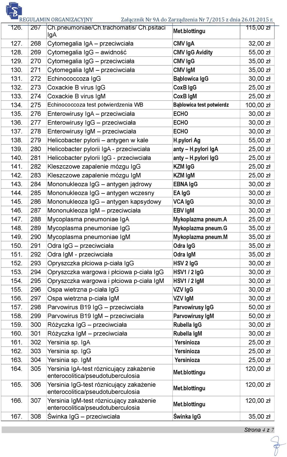 273 Coxackie B virus IgG CoxB IgG 25,00 zł 133. 274 Coxackie B virus IgM CoxB IgM 25,00 zł 134. 275 Echinococcoza test potwierdzenia WB Bąblowica test potwierdz 100,00 zł 135.