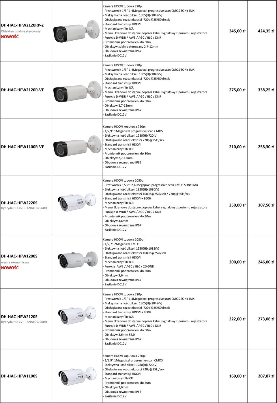 250,00 zł 307,50 zł DH-HAC-HFW1200S - Efektywna ilość pikseli 1930(H)x1088(V) - Obsługiwane rozdzielczości 1080p@25kl/sek 200,00 zł