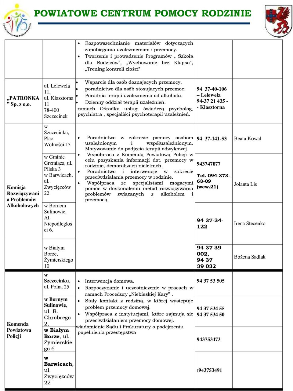 W ramach Ośrodka usługi śiadczą psycholog, psychiatra, specjaliści psychoterapii uzależnień.