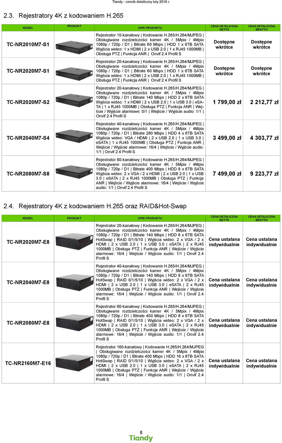 4 Profil S TC-NR2020M7-S1 Rejestrator 20-kanałowy Kodowanie H.265/H.4 Profil S TC-NR2020M7-S2 Rejestrator 20-kanałowy Kodowanie H.265/H.264/MJPEG 1080p / 720p / D1 Bitrate 140 Mbps HDD 2 x 6TB SATA Wyjścia wideo: 1 x HDMI 2 x USB 2.