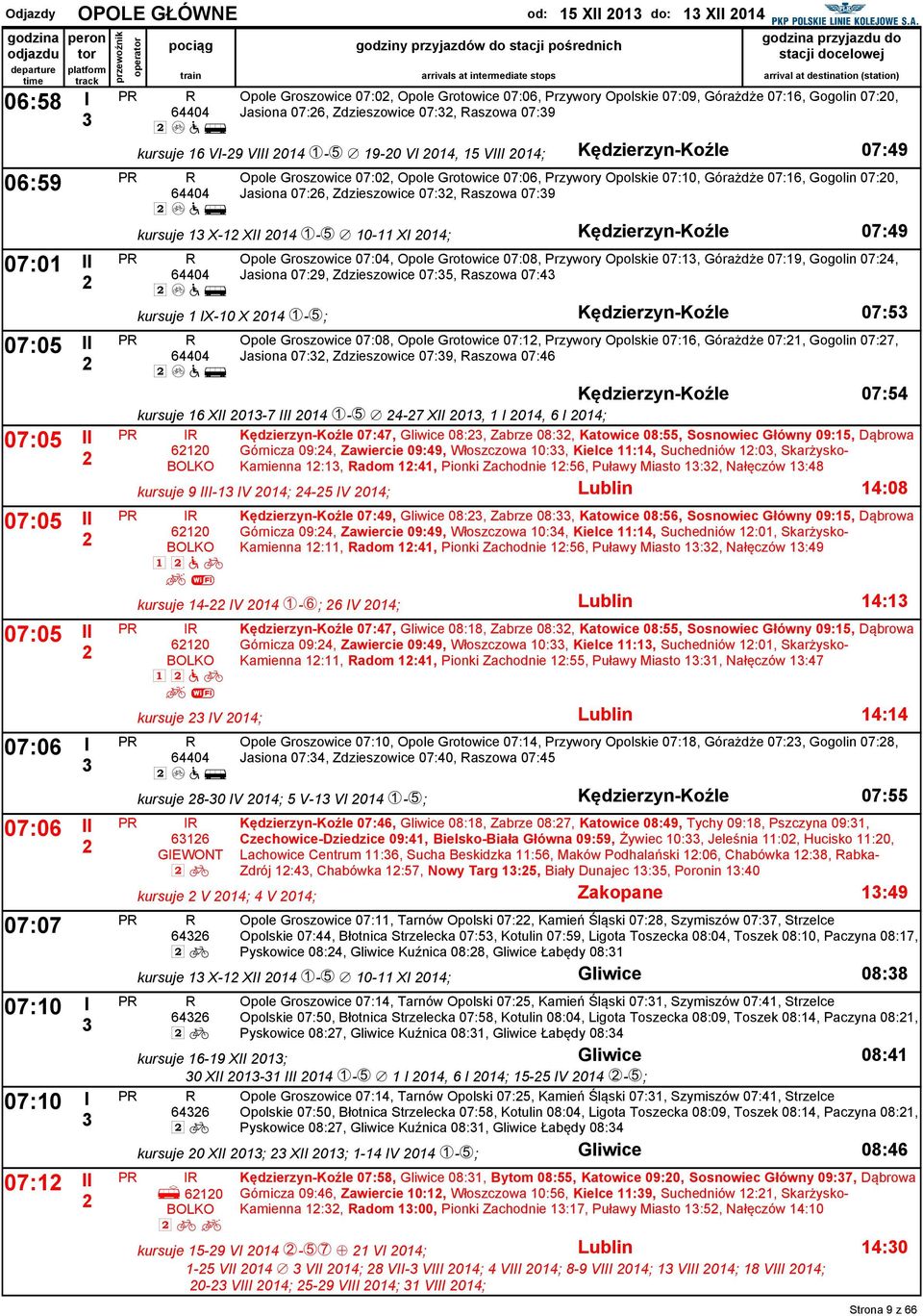 Opolskie 07:0, Górażdże 07:, Gogolin 07:0, Jasiona 07:, Zdzieszowice 07:, aszowa 07:9 kursuje X- XII 0 F-J / 0- XI 0; Kędzierzyn-Koźle 07:9 0 Opole Groszowice 07:0, Opole Grotowice 07:08, Przywory