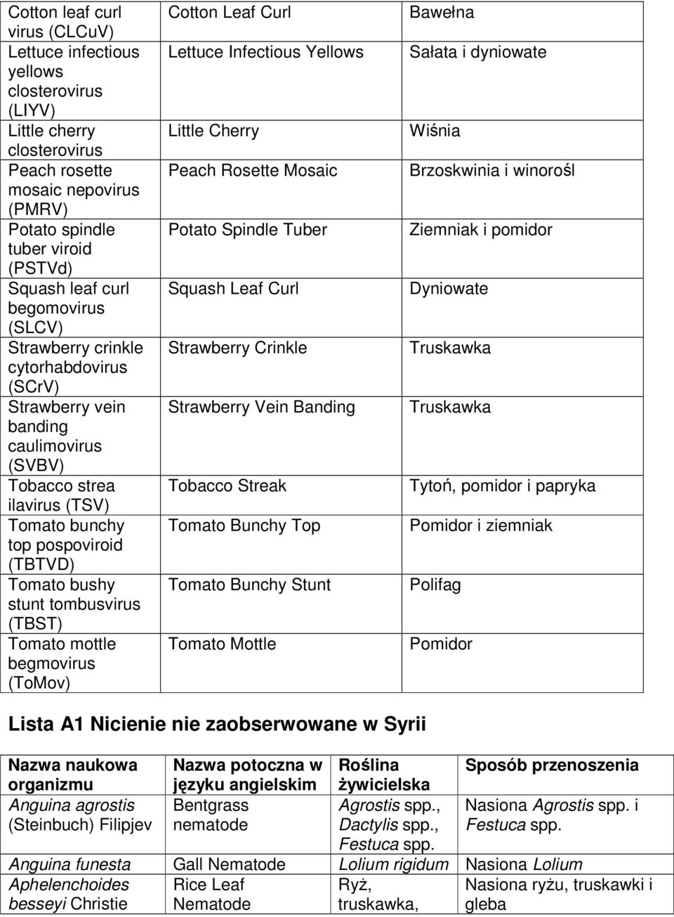 tombusvirus (TBST) Tomato mottle begmovirus (ToMov) Cotton Leaf Curl Lettuce Infectious Yellows Little Cherry Peach Rosette Mosaic Potato Spindle Tuber Squash Leaf Curl Strawberry Crinkle Strawberry