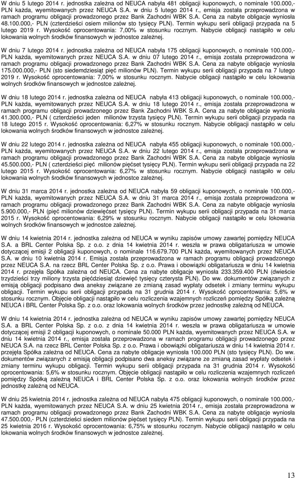 Wysokość oprocentowania: 7,00% w stosunku rocznym. Nabycie obligacji nastąpiło w celu lokowania wolnych środków finansowych w jednostce zależnej. W dniu 7 lutego 2014 r.