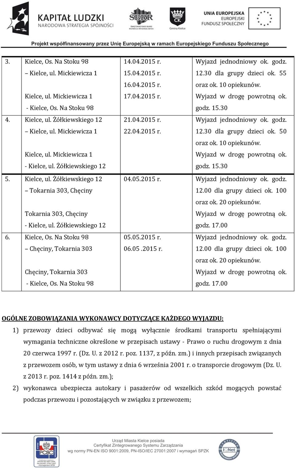 Żółkiewskiego 12 Tokarnia 303, Chęciny Tokarnia 303, Chęciny 6. Kielce, Os. Na Stoku 98 Chęciny, Tokarnia 303 Chęciny, Tokarnia 303 - Kielce, Os. Na Stoku 98 04.05.2015 r. 12.00 dla grupy dzieci ok.