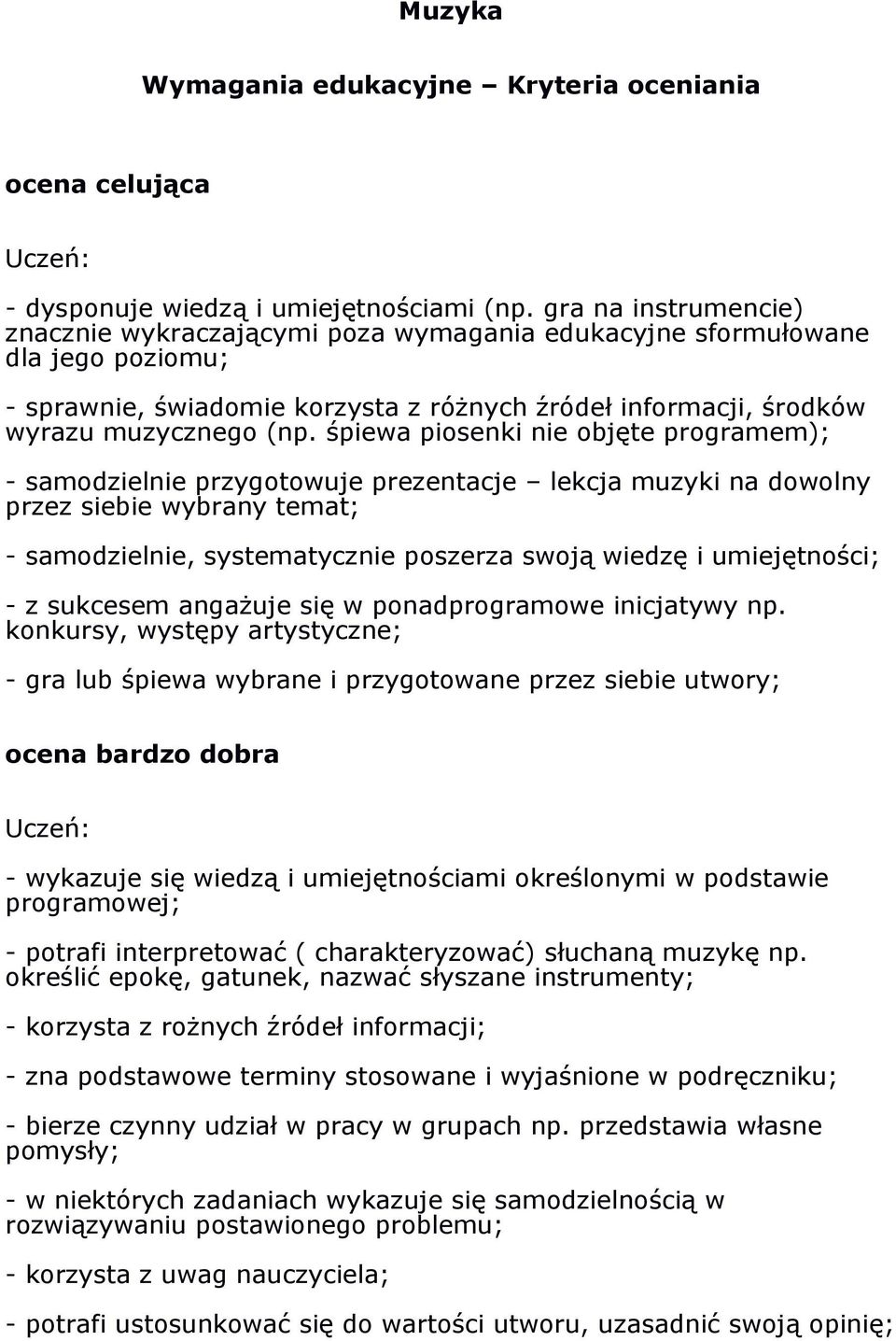 śpiewa piosenki nie objęte programem); - samodzielnie przygotowuje prezentacje lekcja muzyki na dowolny przez siebie wybrany temat; - samodzielnie, systematycznie poszerza swoją wiedzę i