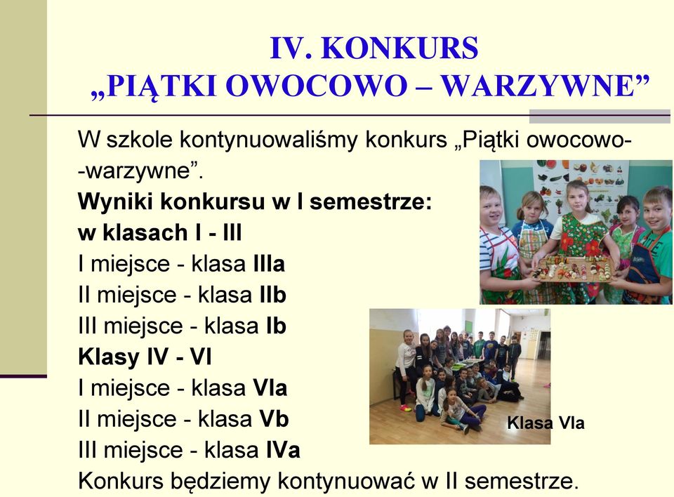 Wyniki konkursu w I semestrze: w klasach I - III I miejsce - klasa IIIa II miejsce -