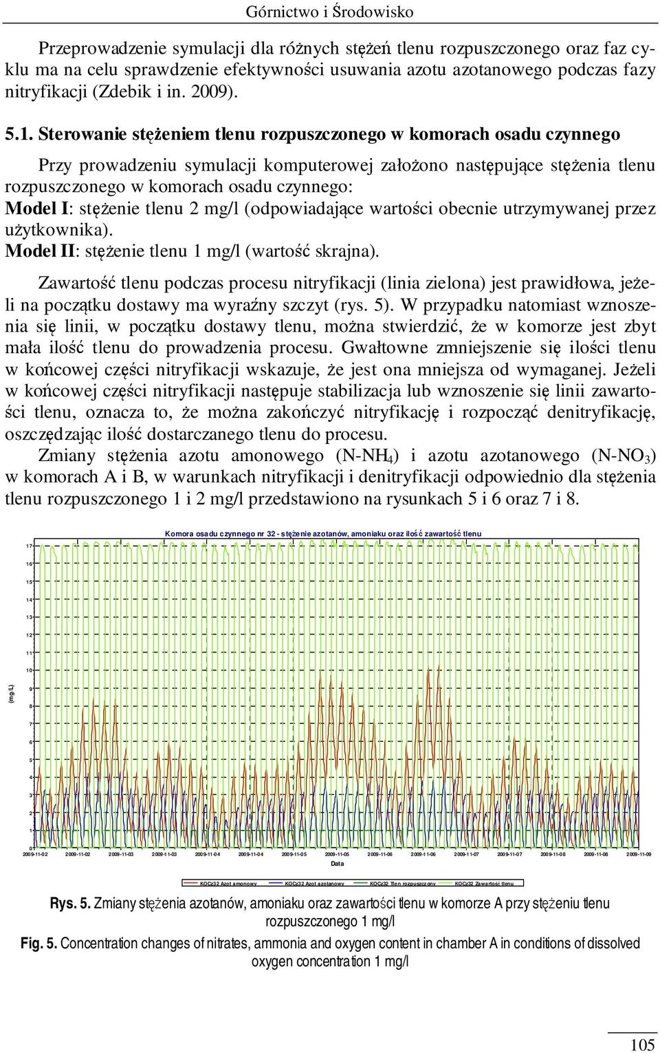 Sterowanie stężeniem tlenu rozpuszczonego w komorach osadu czynnego Przy prowadzeniu symulacji komputerowej założono następujące stężenia tlenu rozpuszczonego w komorach osadu czynnego: Model I: