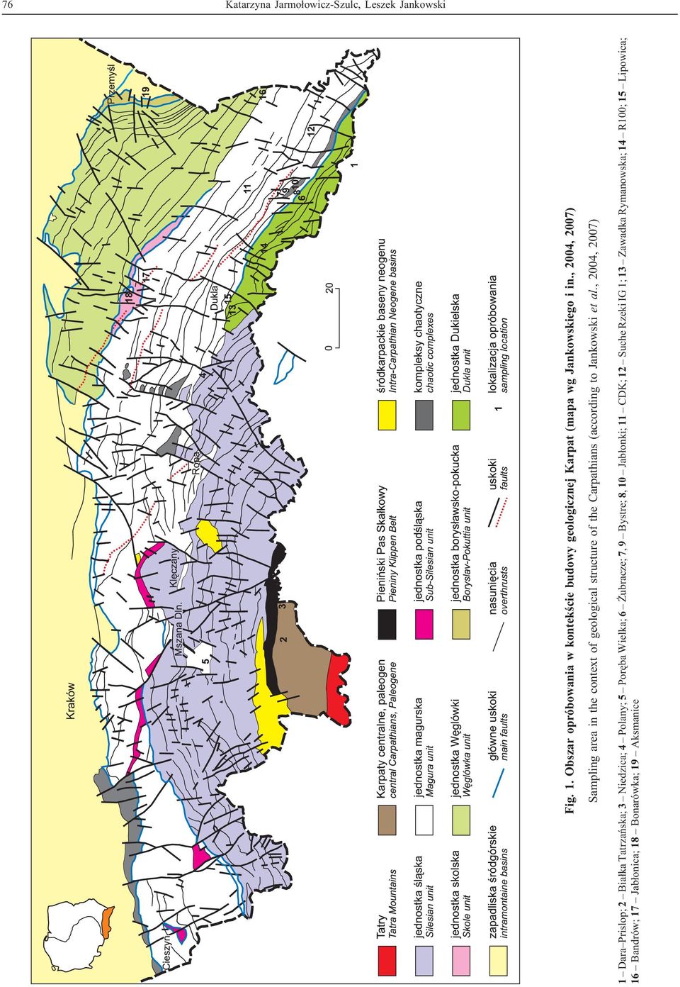 , 2004, 2007) Sampling area in the context of geological structure of the Carpathians (according to Jankowski et al.