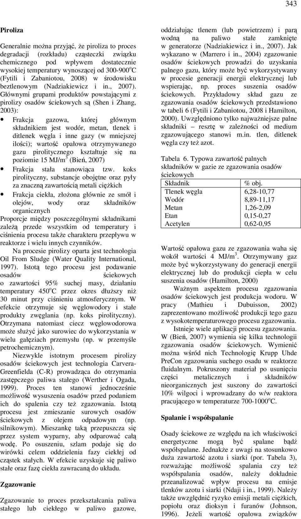Głównymi grupami produktów powstającymi z pirolizy osadów ściekowych są (Shen i Zhang, 2003): Frakcja gazowa, której głównym składnikiem jest wodór, metan, tlenek i ditlenek węgla i inne gazy (w