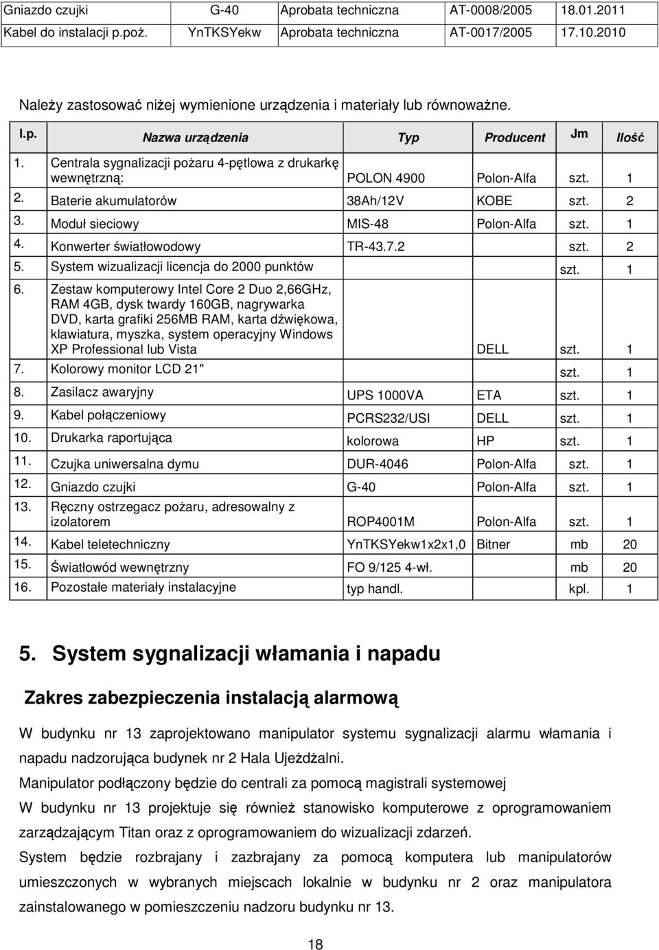 Centrala sygnalizacji pożaru 4-pętlowa z drukarkę wewnętrzną: POLON 4900 Polon-Alfa szt. 1 2. Baterie akumulatorów 38Ah/12V KOBE szt. 2 3. Moduł sieciowy MIS-48 Polon-Alfa szt. 1 4.