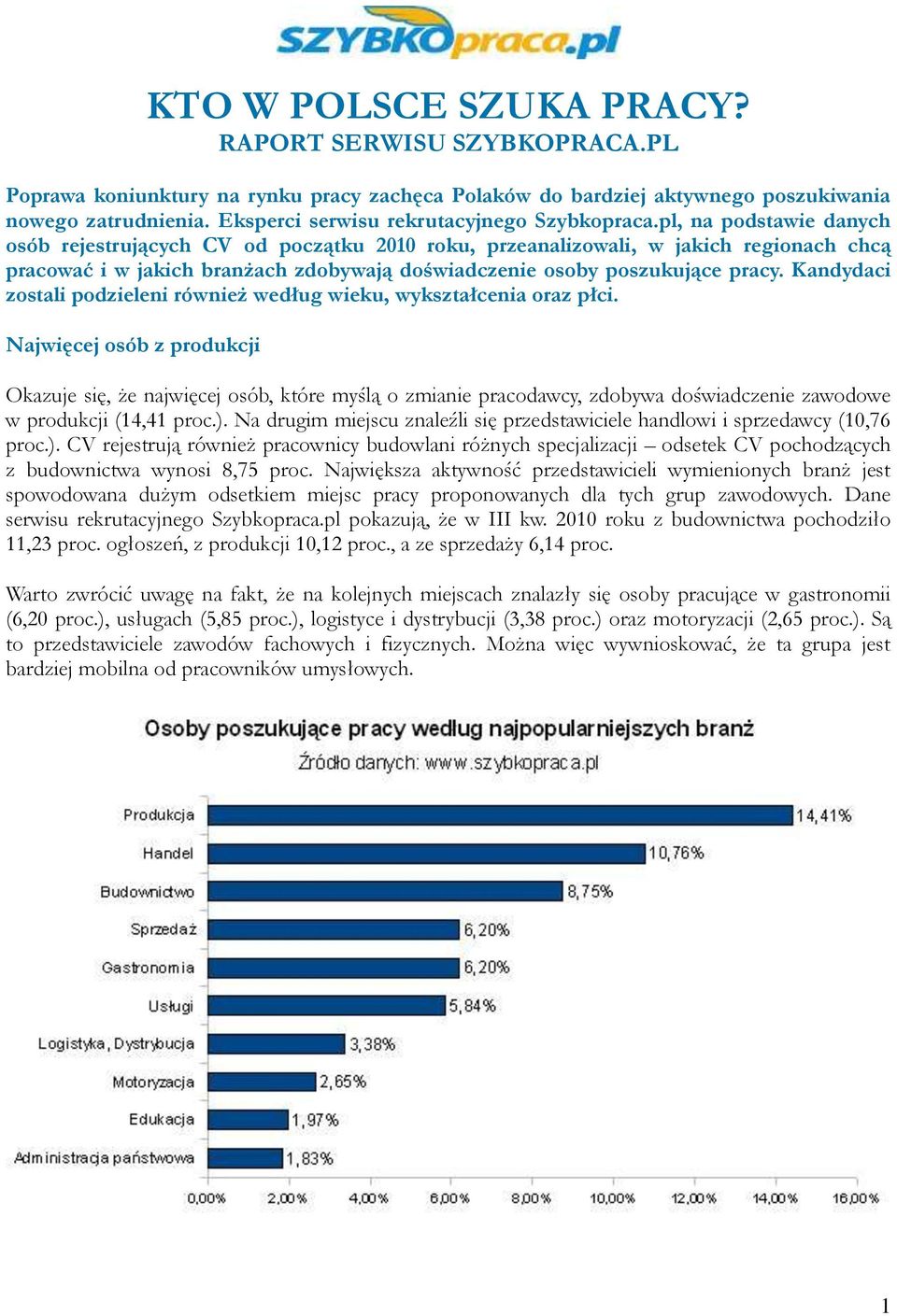 pl, na podstawie danych osób rejestrujących CV od początku 2010 roku, przeanalizowali, w jakich regionach chcą pracować i w jakich branżach zdobywają doświadczenie osoby poszukujące pracy.