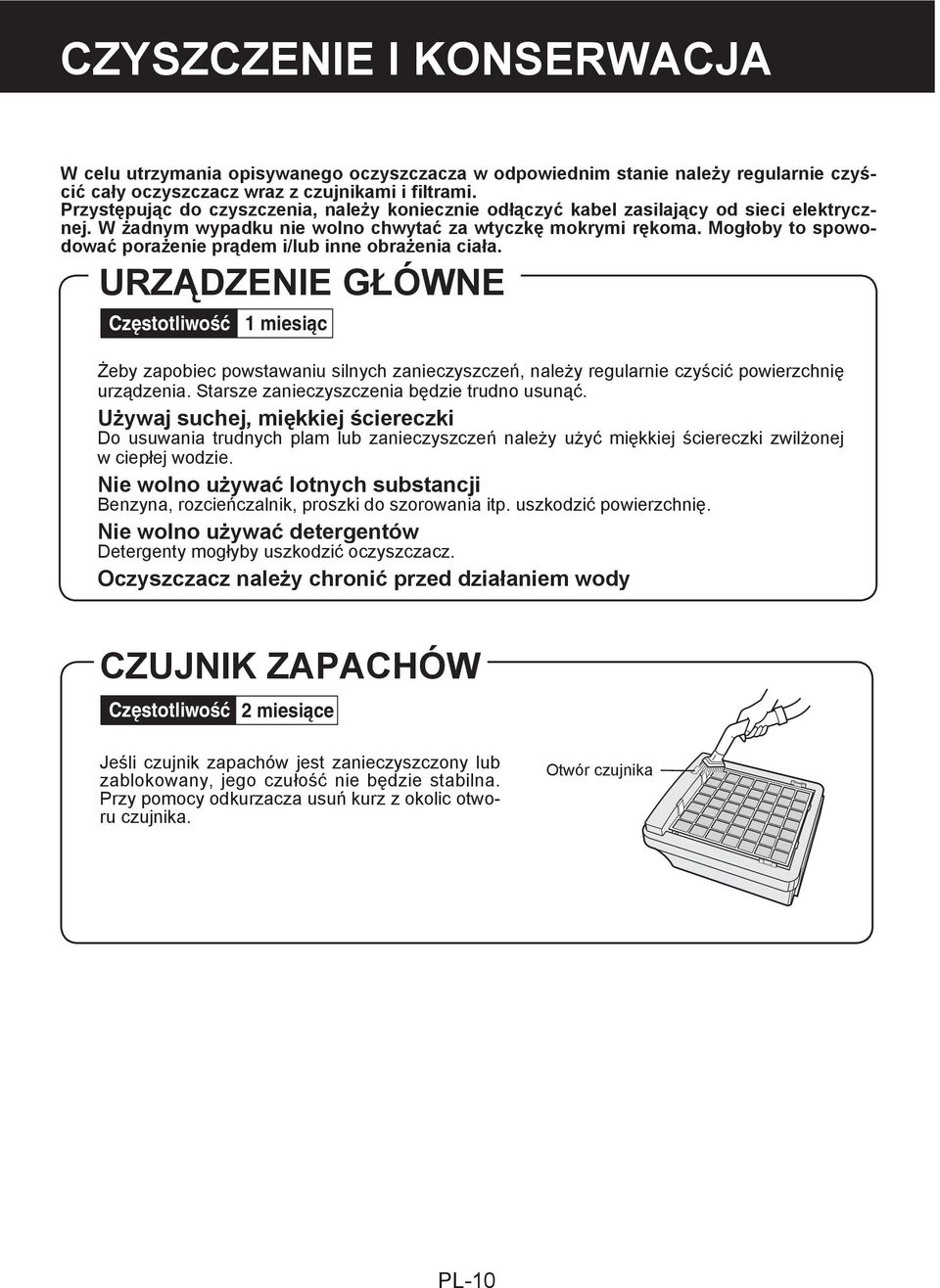 Mogłoby to spowodować porażenie prądem i/lub inne obrażenia ciała. URZĄDZENIE GŁÓWNE Żeby zapobiec powstawaniu silnych zanieczyszczeń, należy regularnie czyścić powierzchnię urządzenia.