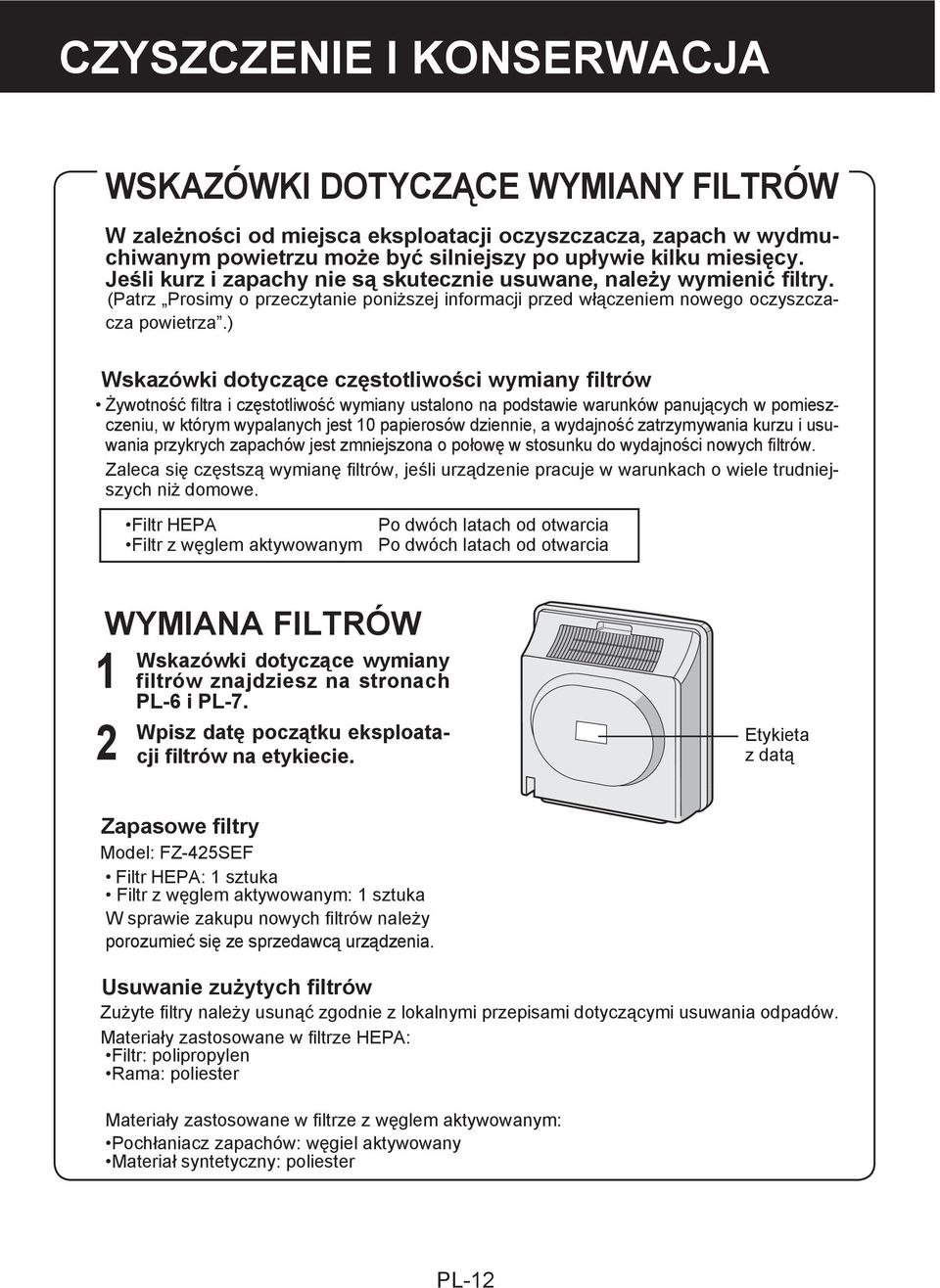 ) Wskazówki dotyczące częstotliwości wymiany filtrów Żywotność filtra i częstotliwość wymiany ustalono na podstawie warunków panujących w pomieszczeniu, w którym wypalanych jest 10 papierosów