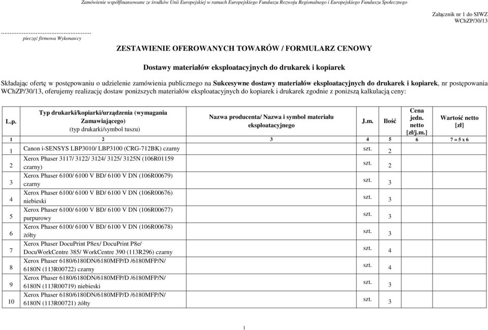 kopiarek i drukarek zgodnie z poniższą kalkulacją ceny: L.p. Typ drukarki/kopiarki/urządzenia (wymagania Zamawiającego) (typ drukarki/symbol tuszu) Nazwa producenta/ Nazwa i symbol materiału eksploatacyjnego J.