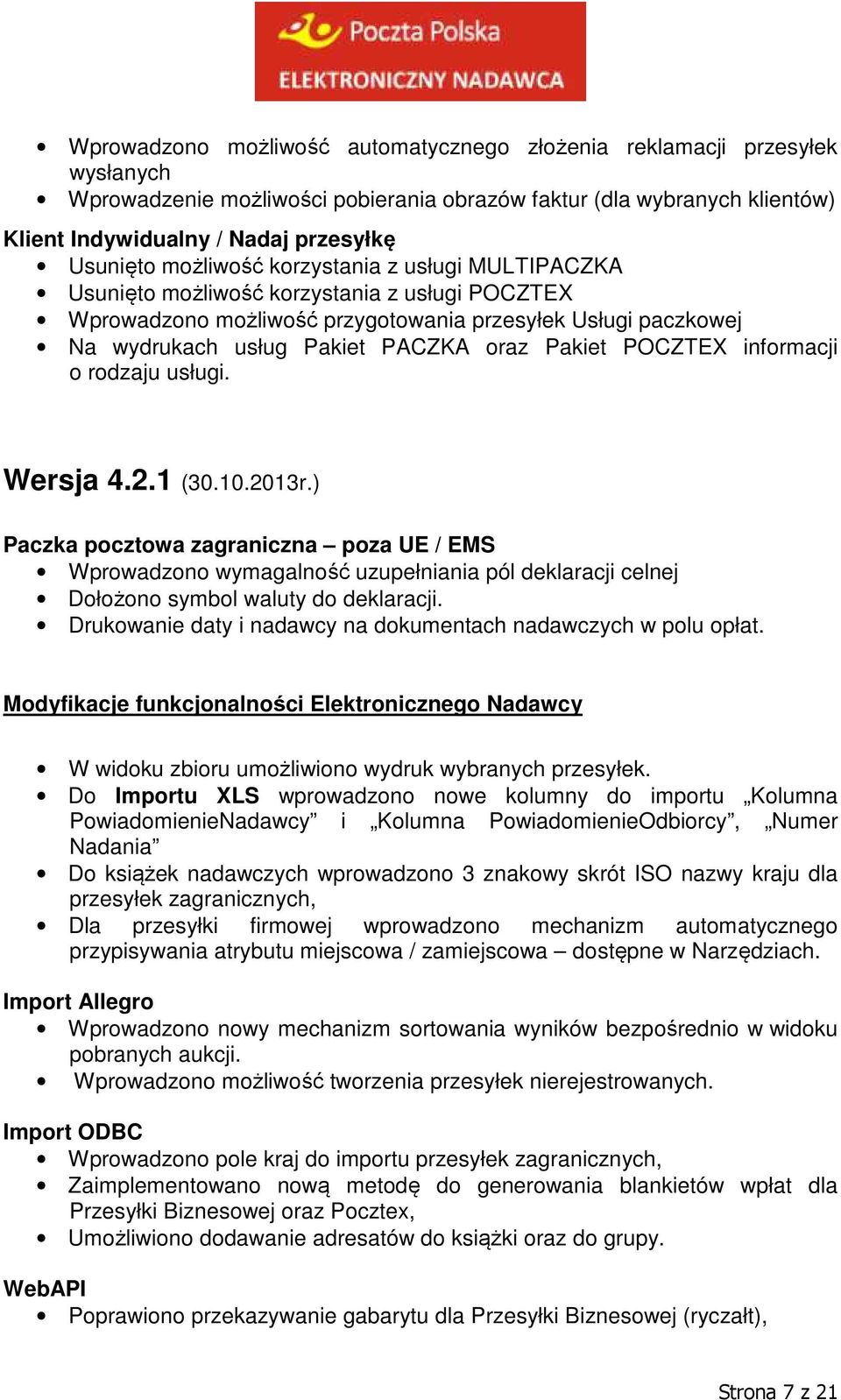 POCZTEX informacji o rodzaju usługi. Wersja 4.2.1 (30.10.2013r.