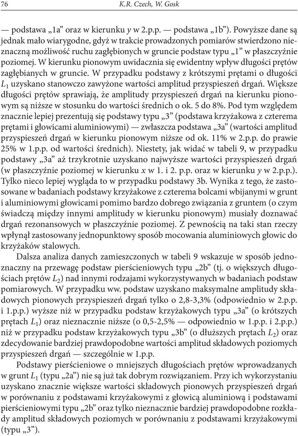 W kierunku pionowym uwidacznia się ewidentny wpływ długości prętów zagłębianych w gruncie.