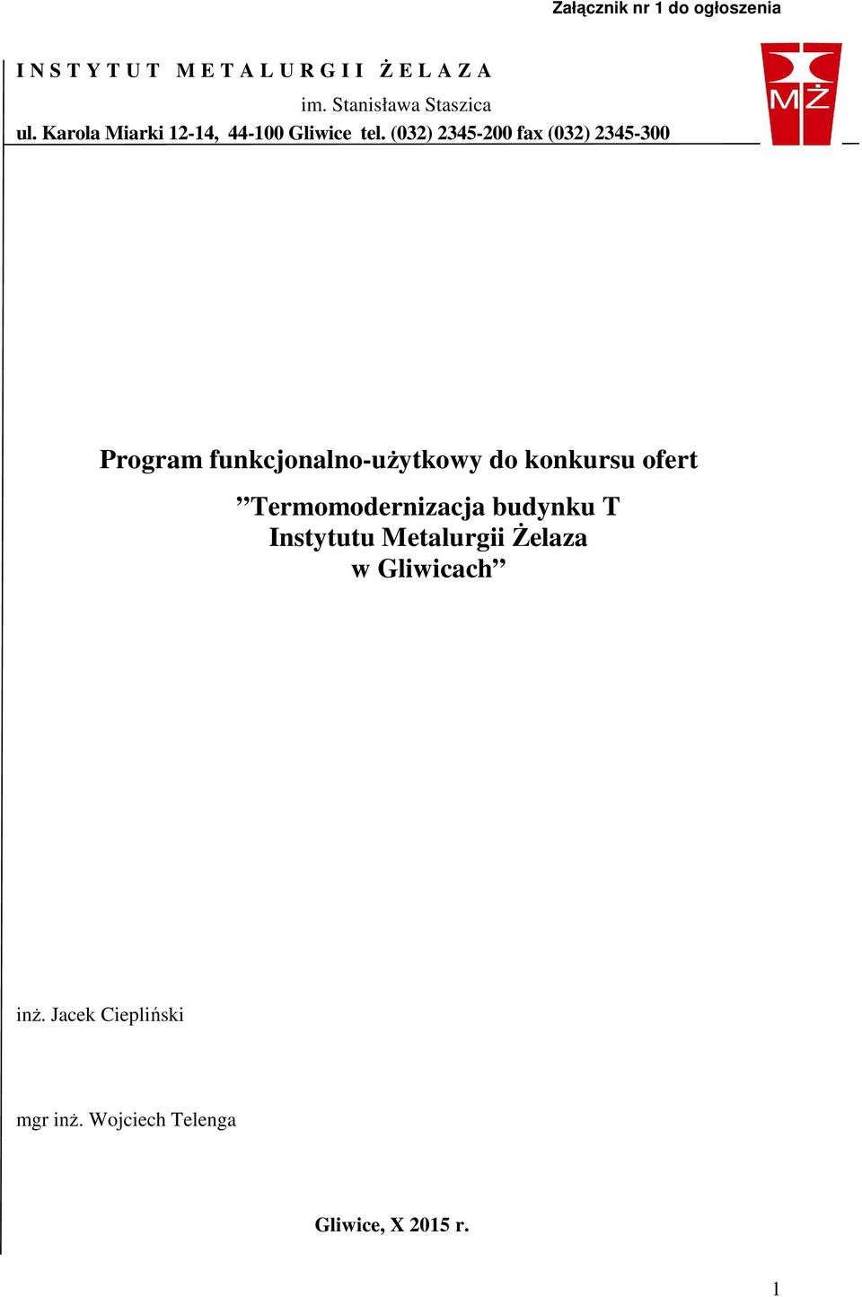 (032) 2345-200 fax (032) 2345-300 Program funkcjonalno-użytkowy do konkursu ofert