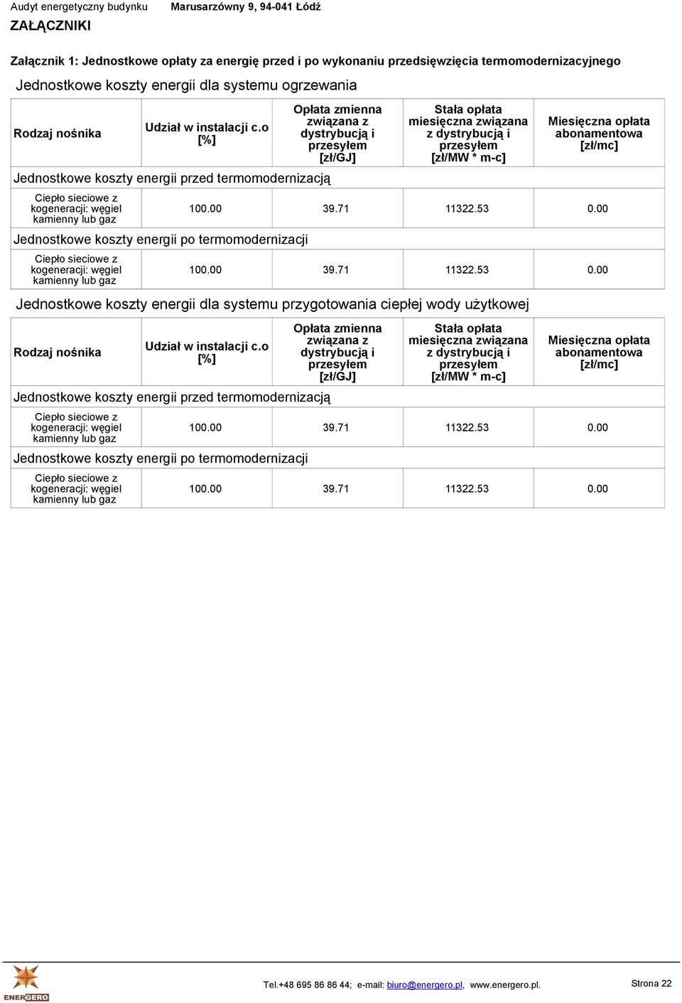kamienny lub gaz Opłata zmienna związana z dystrybucją i przesyłem [zł/gj] Stała opłata miesięczna związana z dystrybucją i przesyłem [zł/mw * m-c] Miesięczna opłata abonamentowa [zł/mc] 100.00 39.
