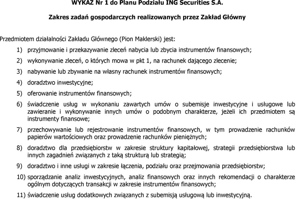 instrumentów finansowych; 4) doradztwo inwestycyjne; 5) oferowanie instrumentów finansowych; 6) świadczenie usług w wykonaniu zawartych umów o subemisje inwestycyjne i usługowe lub zawieranie i