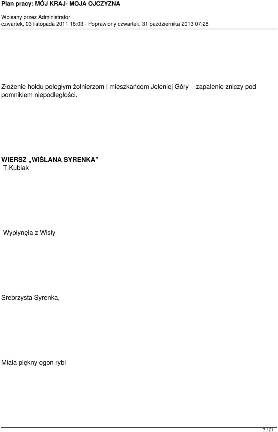 niepodległości. WIERSZ WIŚLANA SYRENKA T.