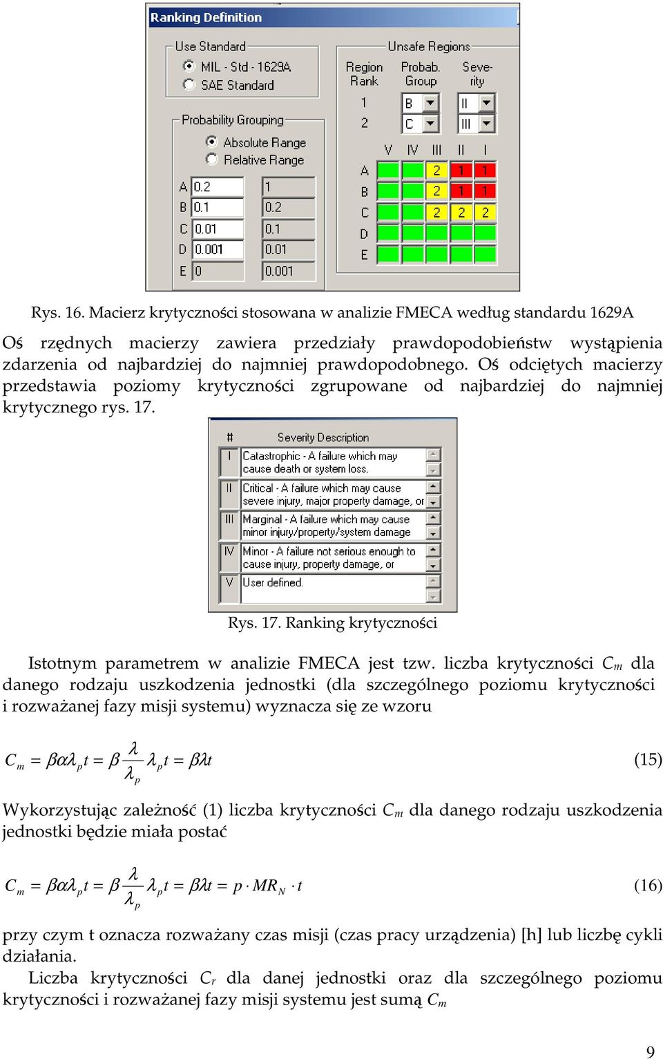 lczba krytyczośc C m dla daego rodzaju uszkodzea jedostk (dla szczególego pozomu krytyczośc rozważaej fazy msj systemu) wyzacza sę ze wzoru C m βα pt β pt βt (5) p Wykorzystując zależość () lczba