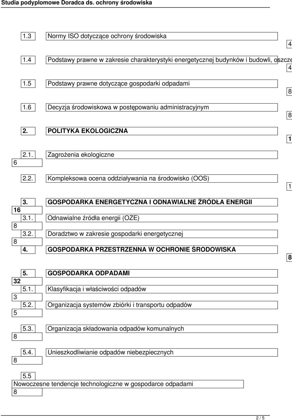 GOSPODARKA ENERGETYCZNA I ODNAWIALNE ŹRÓDŁA ENERGII 3.1. Odnawialne źródła energii (OZE) 3.. Doradztwo w zakresie gospodarki energetycznej. GOSPODARKA PRZESTRZENNA W OCHRONIE ŚRODOWISKA 10 5.