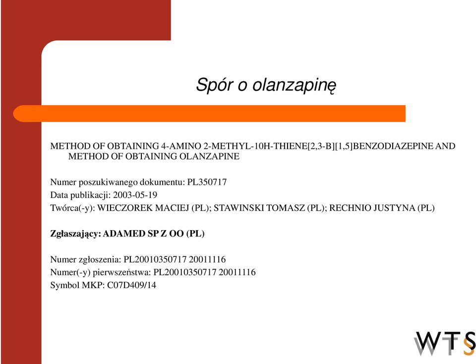 WIECZOREK MACIEJ (PL); STAWINSKI TOMASZ (PL); RECHNIO JUSTYNA (PL) Zgłaszający: ADAMED SP Z OO (PL)