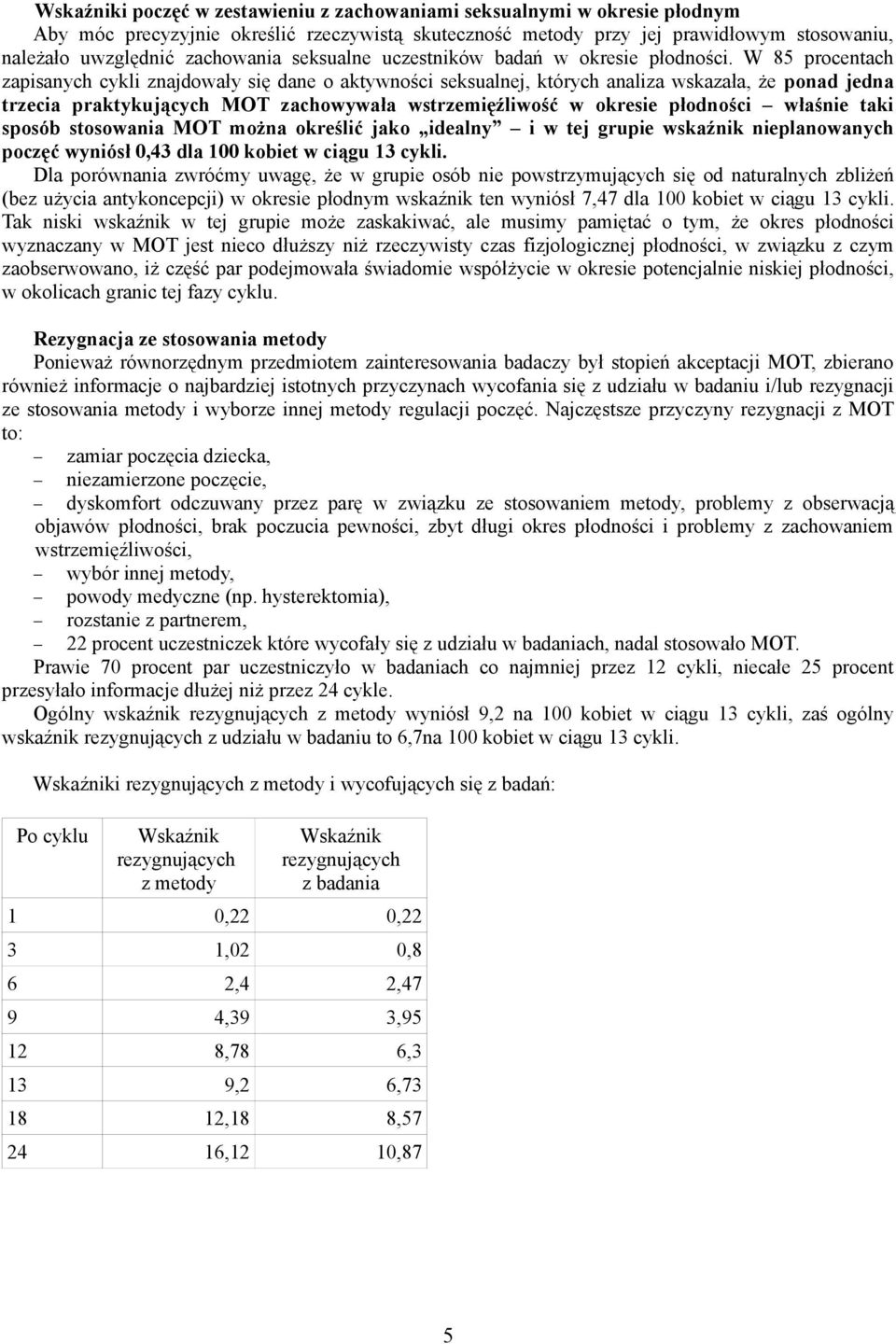W 85 procentach zapisanych cykli znajdowały się dane o aktywności seksualnej, których analiza wskazała, że ponad jedna trzecia praktykujących MOT zachowywała wstrzemięźliwość w okresie płodności