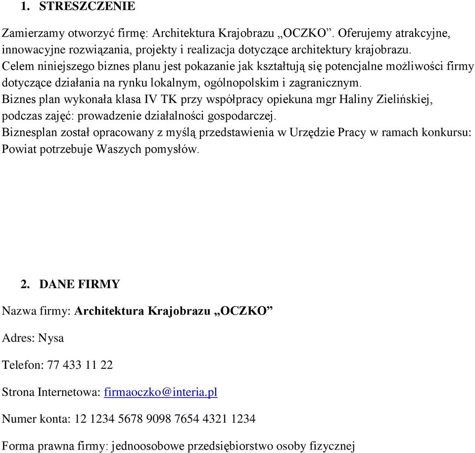 Biznes plan wykonała klasa IV TK przy współpracy opiekuna mgr Haliny Zielińskiej, podczas zajęć: prowadzenie działalności gospodarczej.