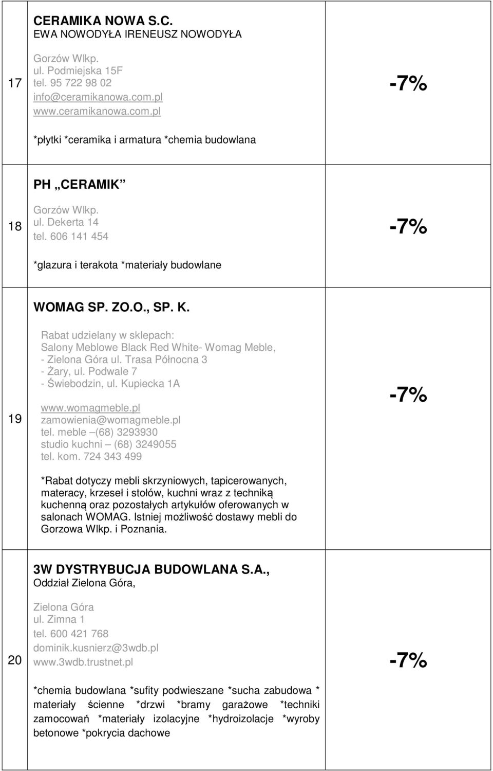 Trasa Północna 3 - ary, ul. Podwale 7 - wiebodzin, ul. Kupiecka 1A www.womagmeble.pl zamowienia@womagmeble.pl tel. meble (68) 3293930 studio kuchni (68) 3249055 tel. kom.