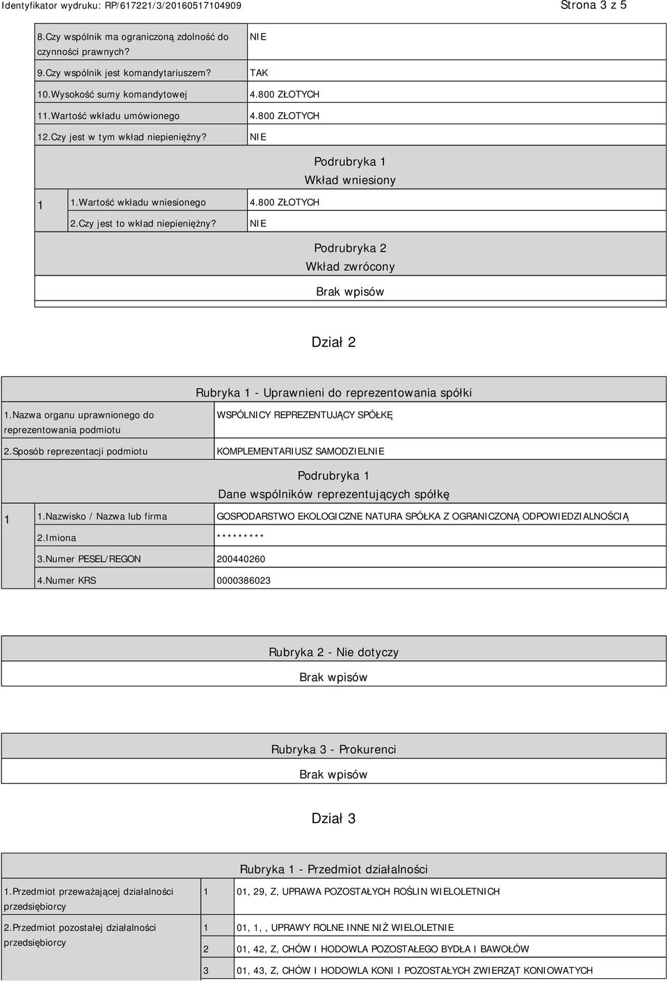 Podrubryka 2 Wkład zwrócony Dział 2 Rubryka 1 - Uprawnieni do reprezentowania spółki 1.Nazwa organu uprawnionego do reprezentowania podmiotu 2.