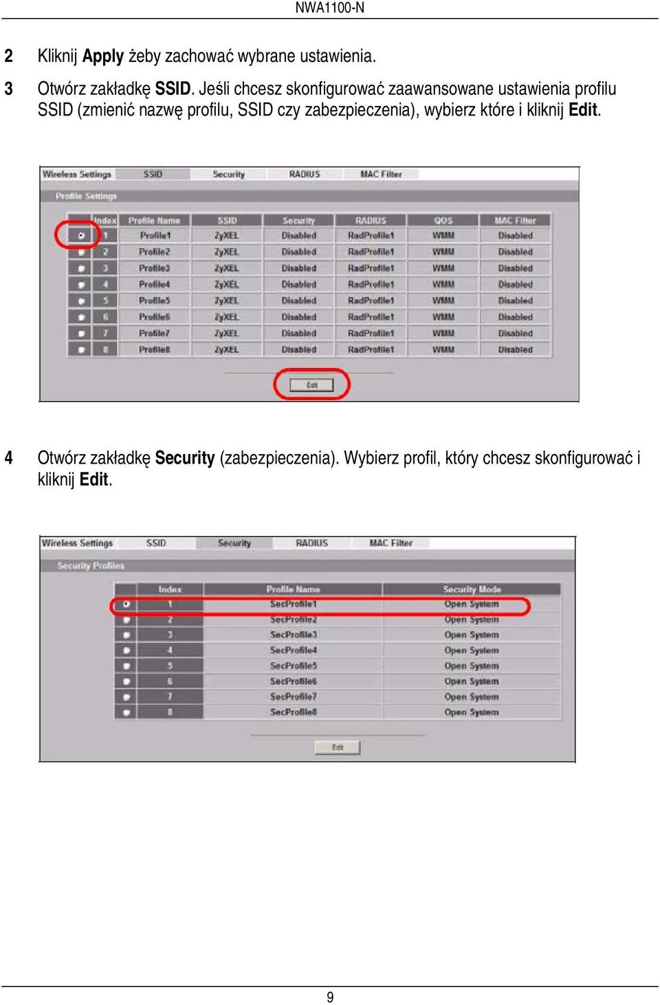 profilu, SSID czy zabezpieczenia), wybierz które i kliknij Edit.