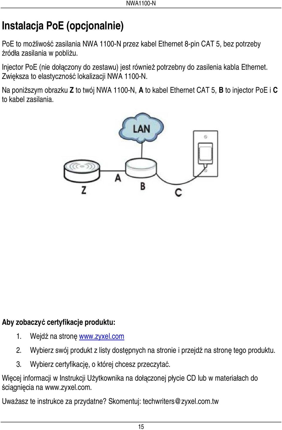 Na poniższym obrazku Z to twój NWA 1100-N, A to kabel Ethernet CAT 5, B to injector PoE i C to kabel zasilania. Aby zobaczyć certyfikacje produktu: 1. Wejdź na stronę www.zyxel.com 2.