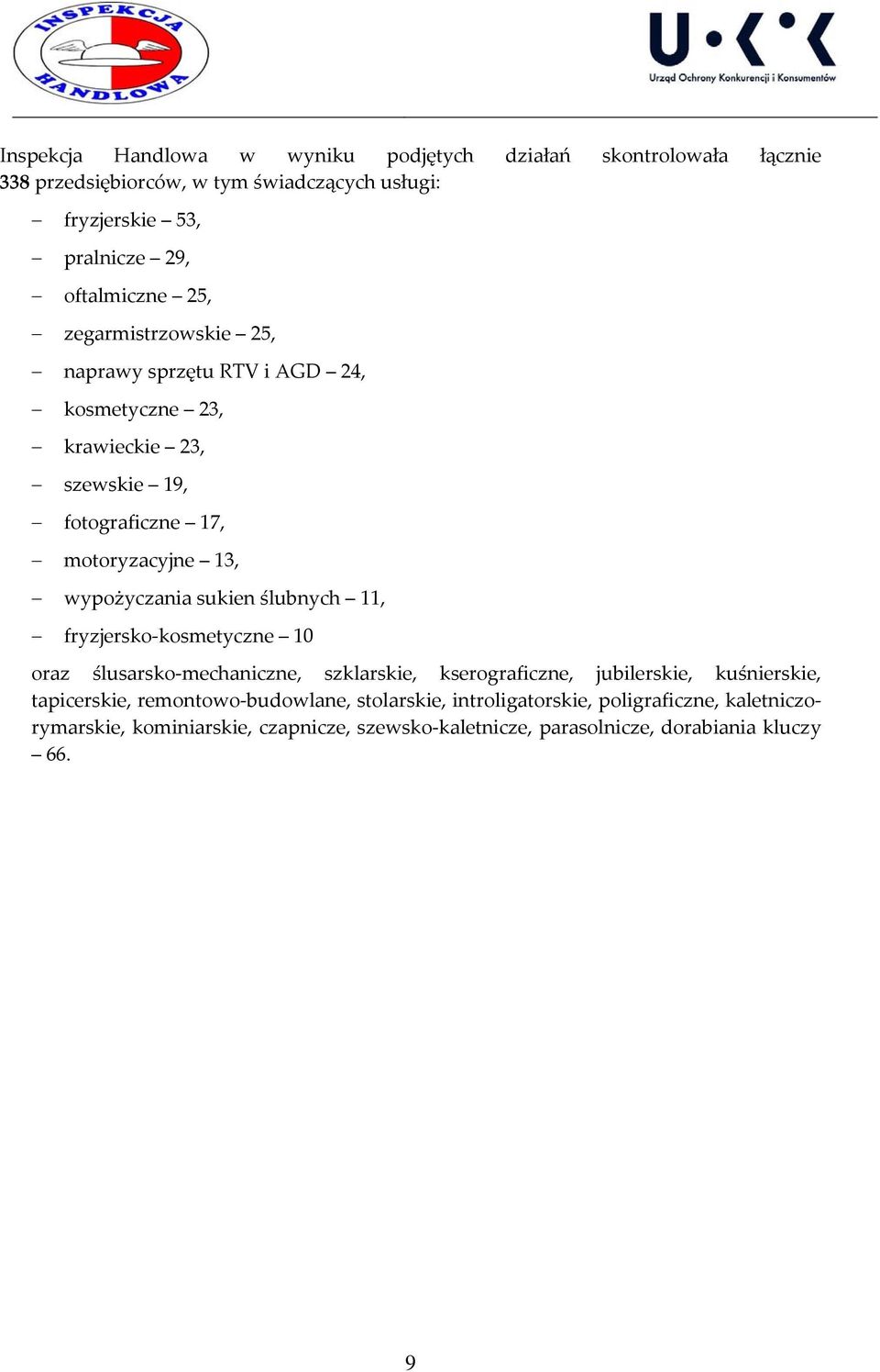 wypożyczania sukien ślubnych 11, fryzjersko kosmetyczne 10 oraz ślusarsko mechaniczne, szklarskie, kserograficzne, jubilerskie, kuśnierskie, tapicerskie,